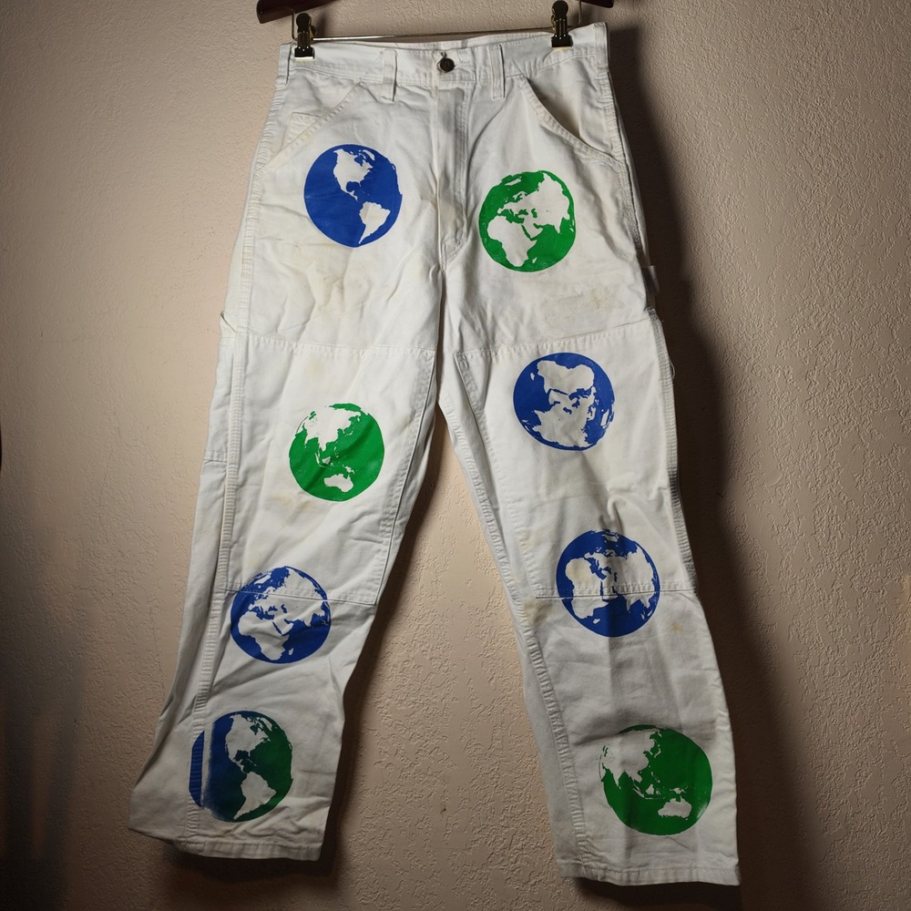 Stan‎ Ray USA Mens White Earth Globe Print Carpenter Pants 33 *STAINED*
